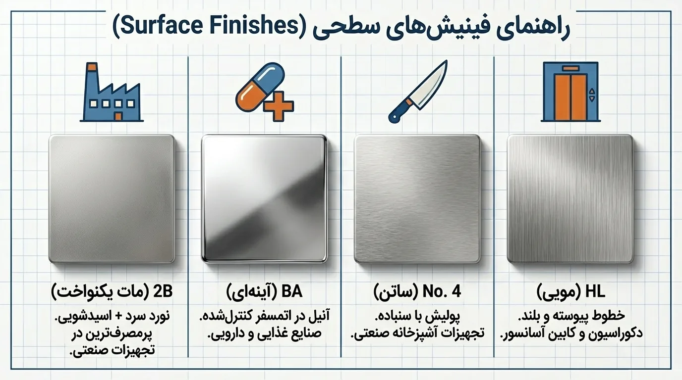 سطح‌های مختلف ورق استیل 304 (فینیش‌ها)