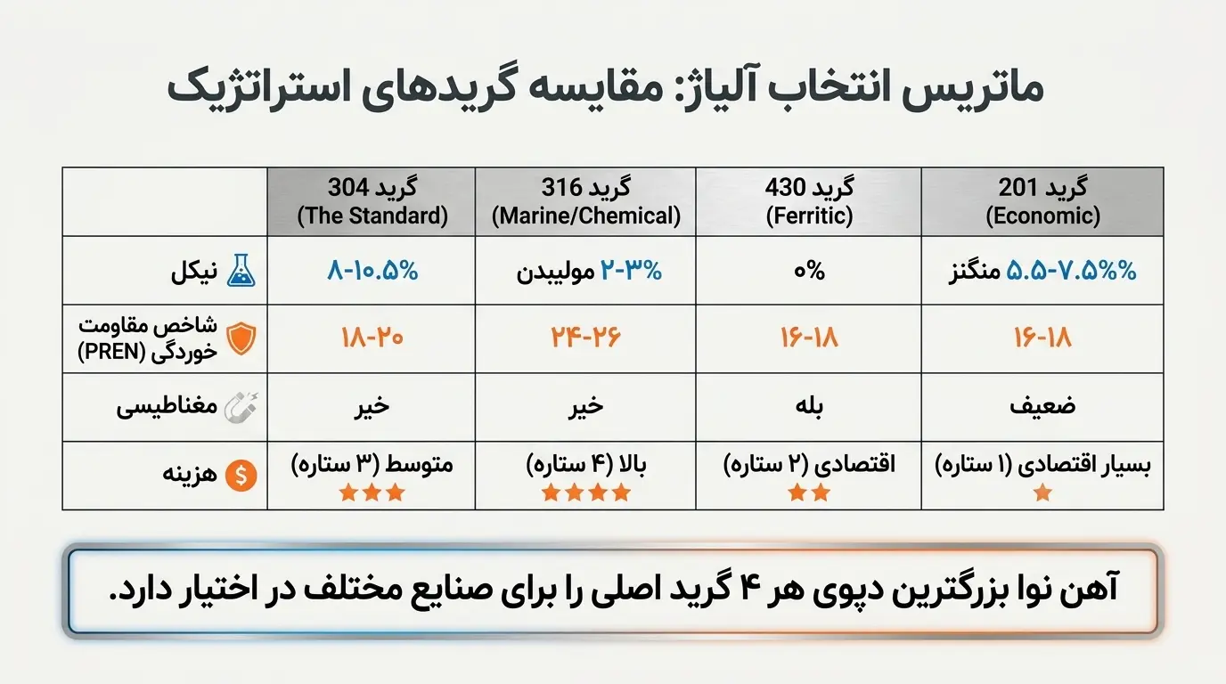 انواع ورق استیل نقره ای بر اساس گرید
